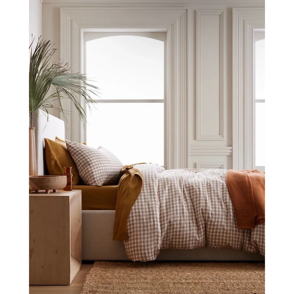 Quince European Linen Gingham Duvet Cover Set Full/Queen Cafe NEW $194
